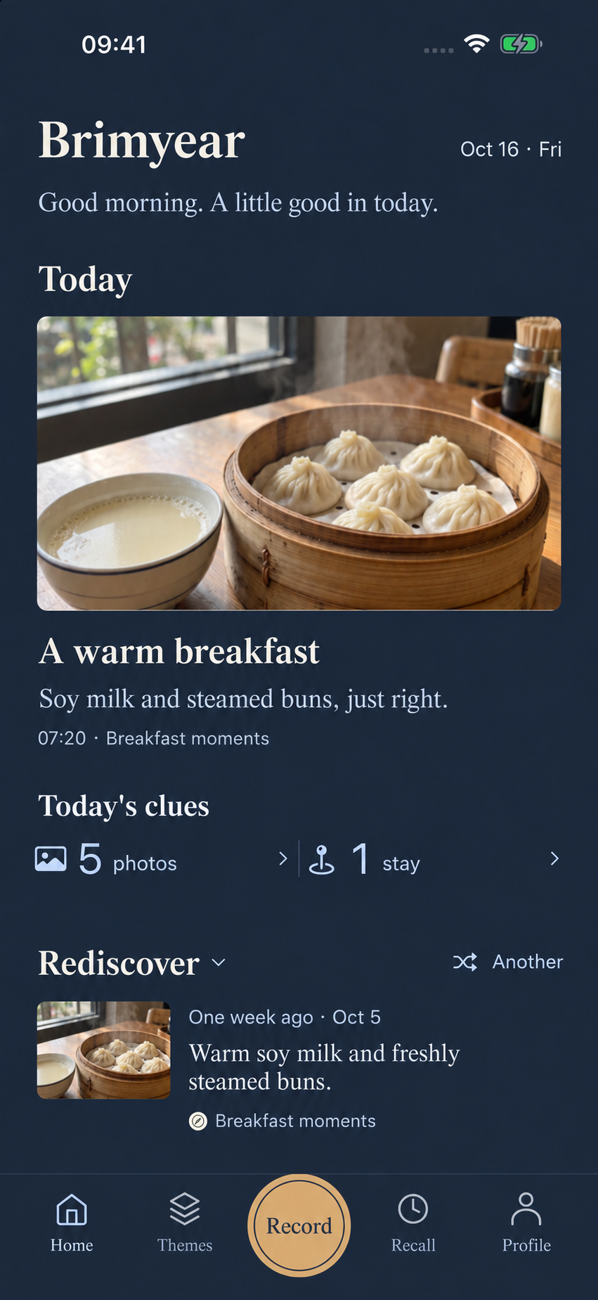 Brimyear Home in a dark indigo appearance with a breakfast record and optional daily clues — English interface preview