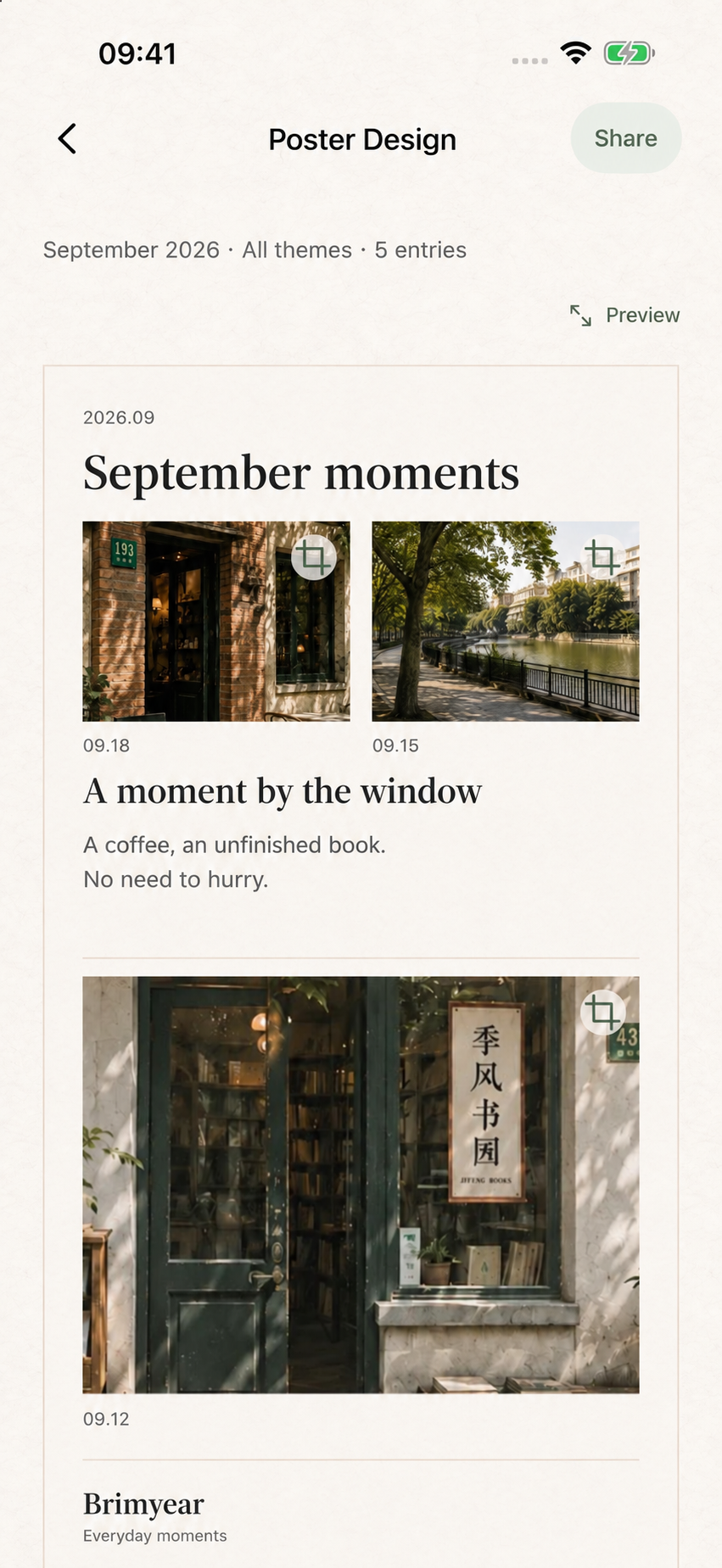 English preview of the poster designer with photo cropping and arrangement for several records