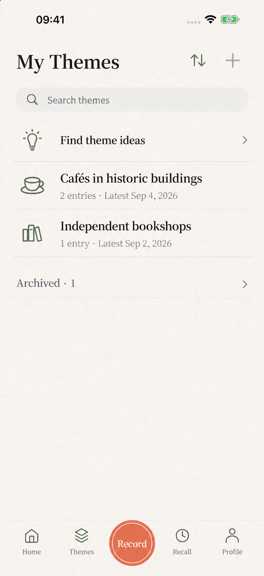 Searchable English theme directory with icons, names and a collapsed archived group — English interface preview